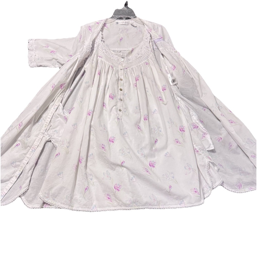 VTG 90's Eileen West Cotton Lawn Nightgown & Robe Set Sz M Crocus Floral